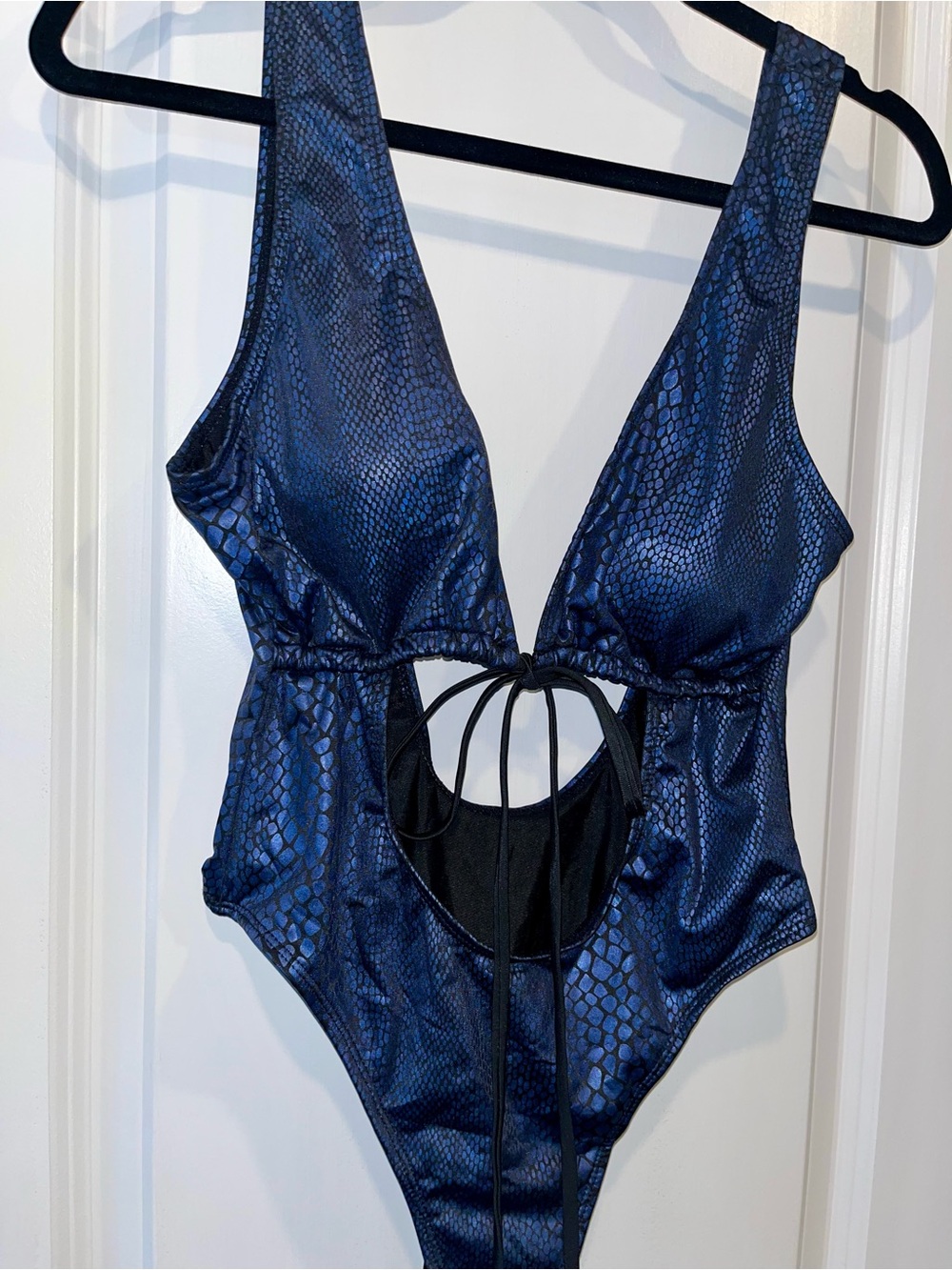 Metallic Navy Snake Print Plunge Cutout One Piece Multi Wrap Swimsuit